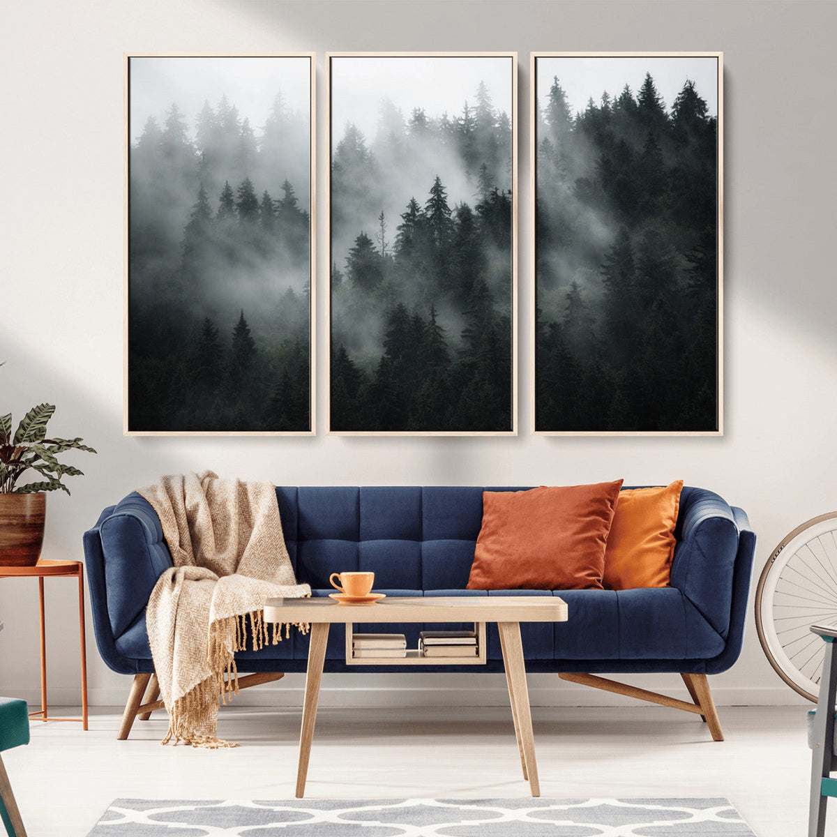 Foggy Forest Wall Art Canvas Print | 3 Panel Large Misty Landscape