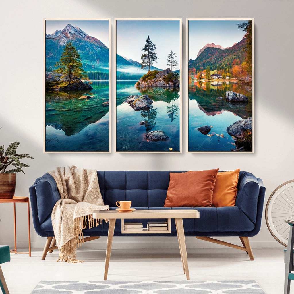 Crystal Clear Lake Wall Art | Mountains Wall Art Canvas | 3 Panel Landscape