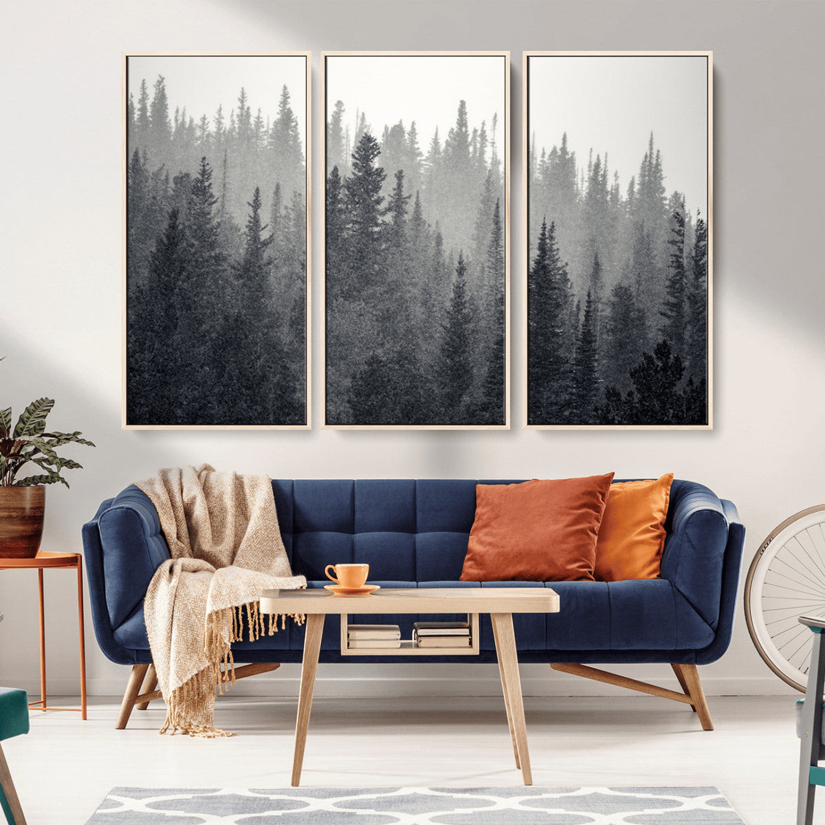 Misty Forest Canvas Wall Art | Monochrome Triptych Pine Tree Print