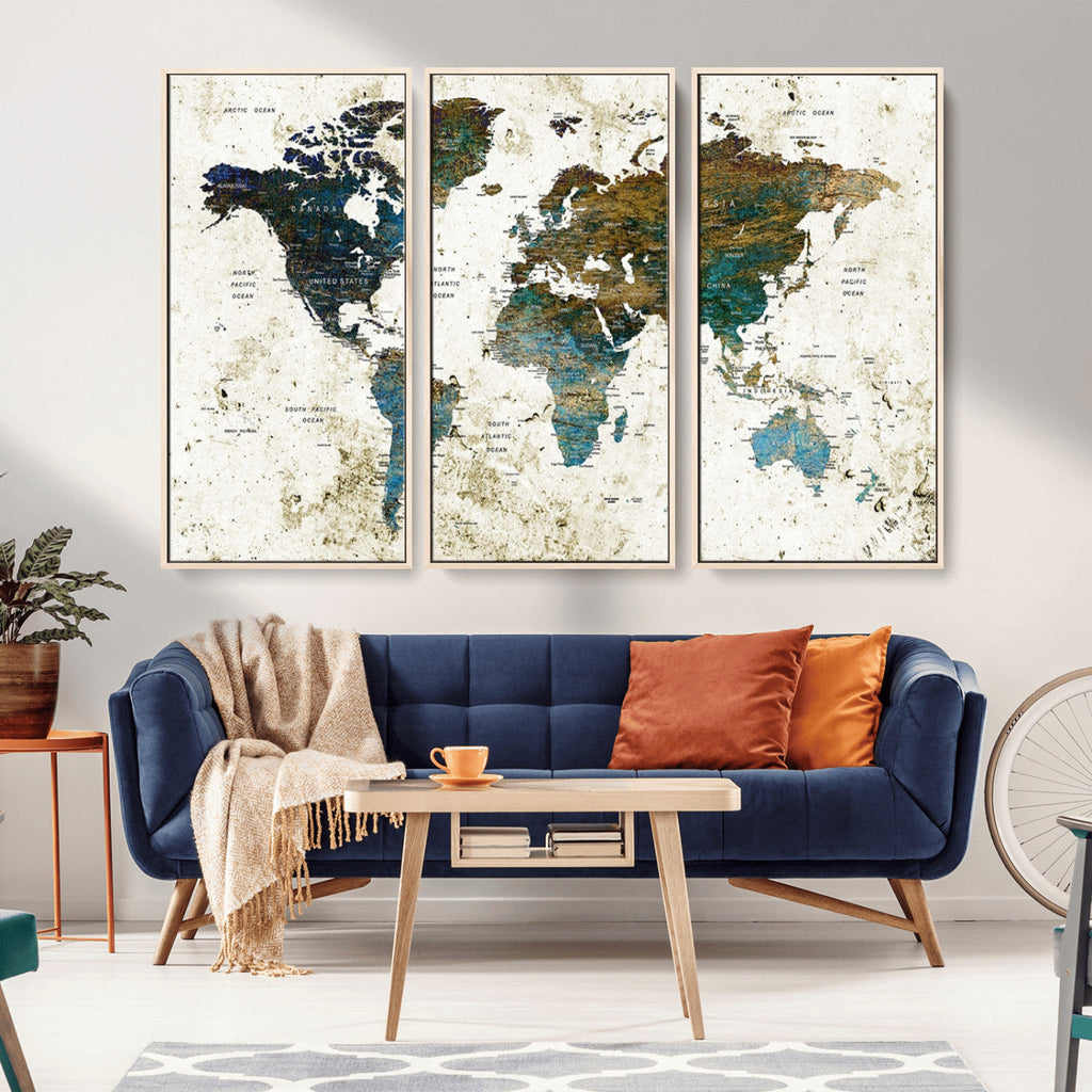 Vintage World Map Wall Art Canvas Print, Framed Rustic Earth Tone Map