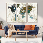 Vintage World Map Wall Art Canvas Print, Framed Rustic Earth Tone Map