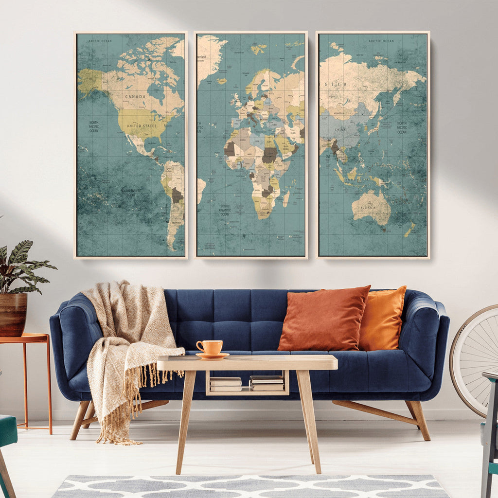 Classic World Map Canvas Print | Framed Vintage Map Wall Art