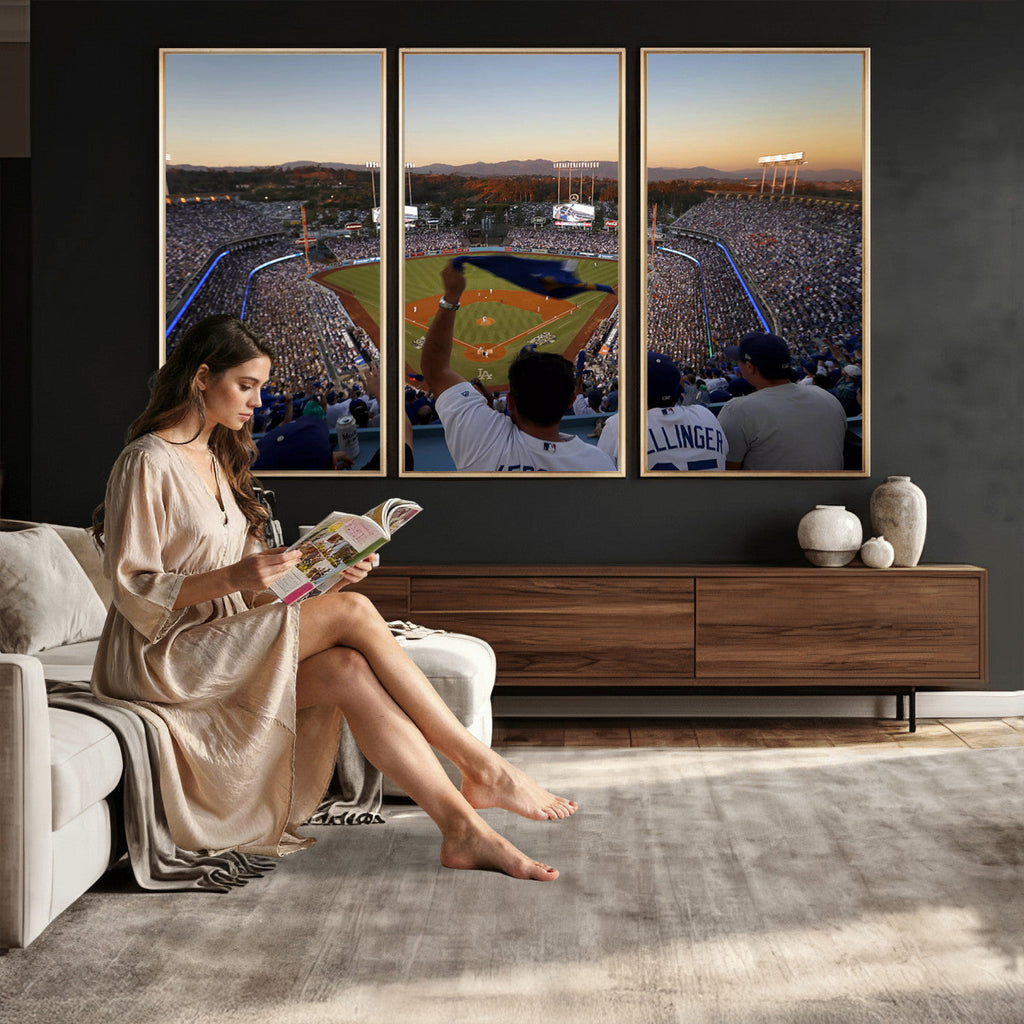 Dodger Stadium Sunset Game Triple Canvas Wall Art, Los Angeles Dodgers MLB Match
