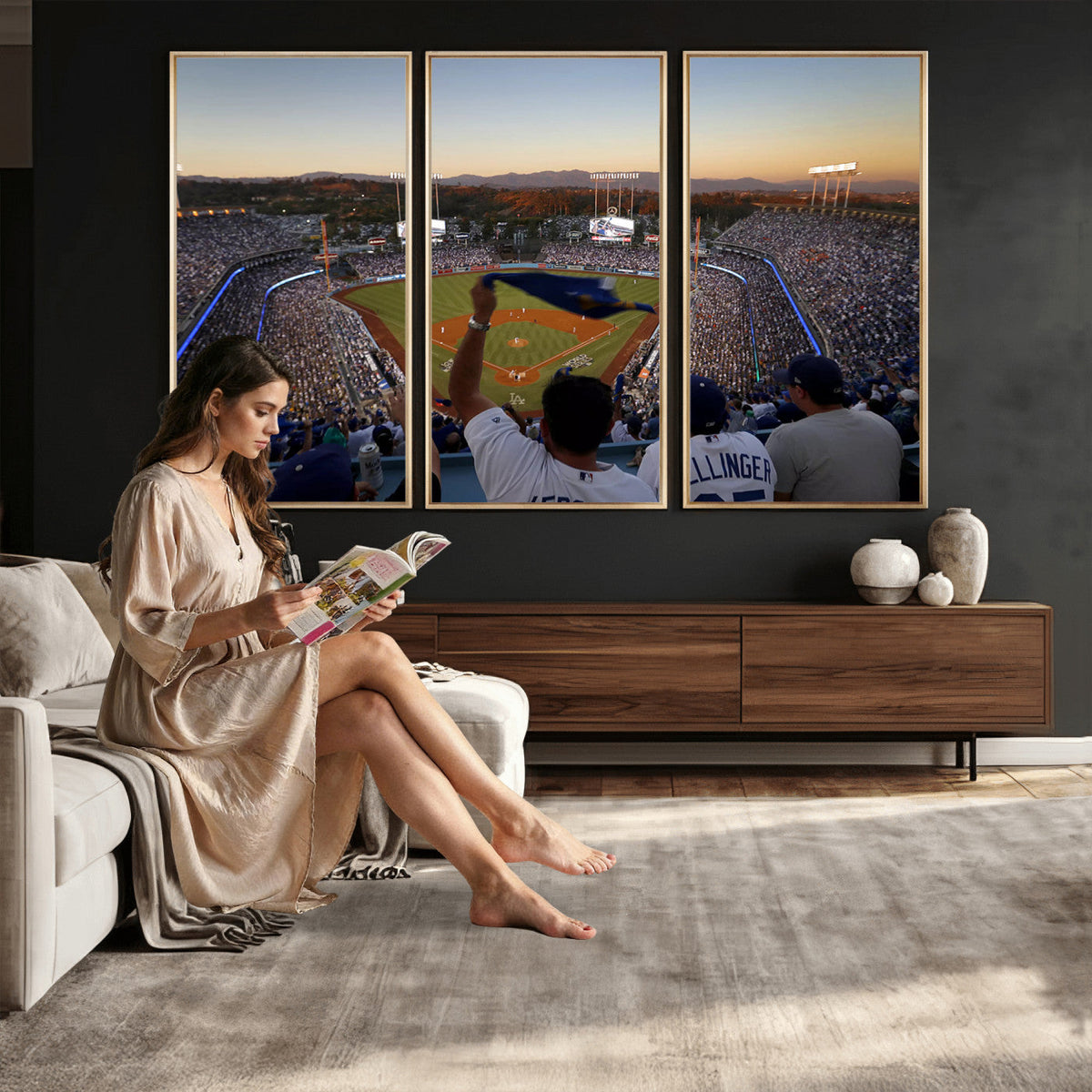 Dodger Stadium Sunset Game Triple Canvas Wall Art, Los Angeles Dodgers MLB Match