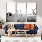 Vintage Farmhouse Black and White Triptych Wall Art, Giclee Canvas with Wheat Fields, Hay Bales and Windmill