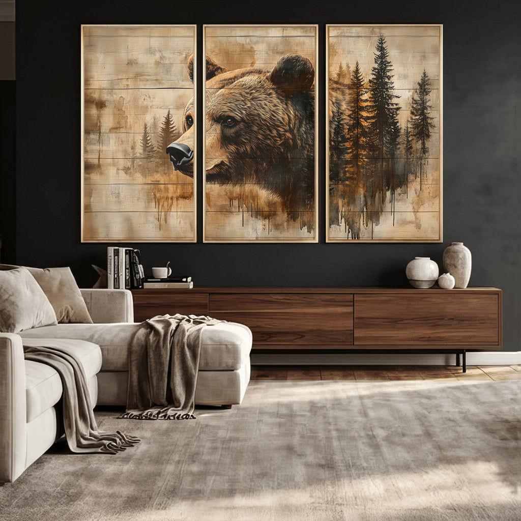 Rustic Grizzly Bear Wall Art, Abstract Grizzly 399 Bear Canvas Print, Woodland Wildlife