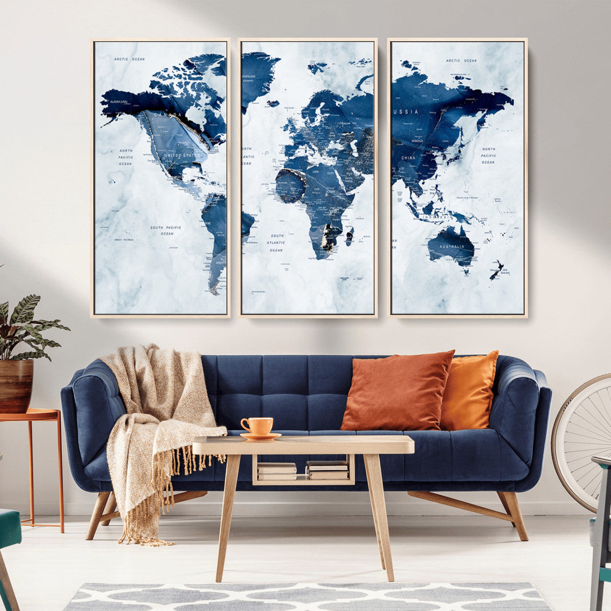 Modern Blue World Map Canvas Print | Elegant Travel Map Wall Art for Home Office