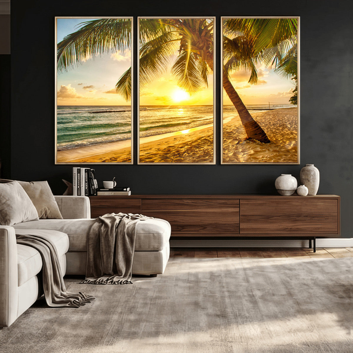 Beach Sunset Canvas Wall Art Print - Tropical Beach Canvas With Palm Trees