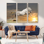 Large Wall Art Canvas Print, White Jumping Horse at Sunset