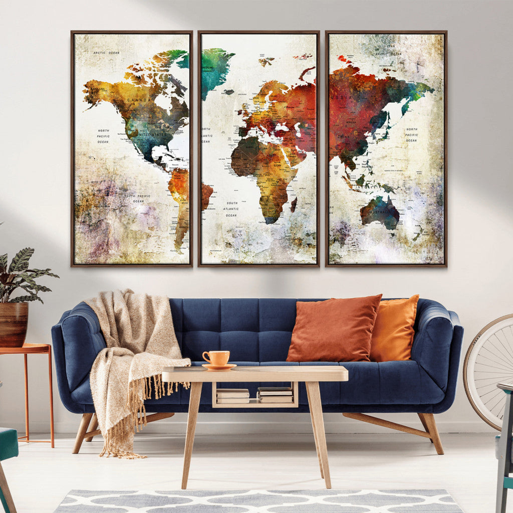 Watercolor World Map Canvas Print | Framed Travel Map Wall Art for Couples