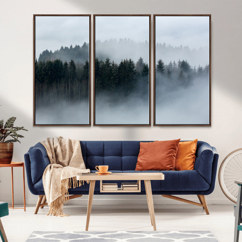 Autumn and Misty Trees in the Forest Wall Art Canvas Print, Foggy Forest Mountain Wall Art