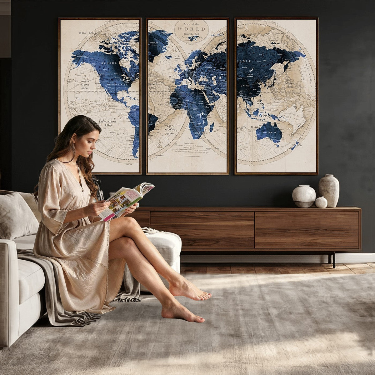 Vintage Blue World Map Canvas Wall Art | Antique Style Framed Map Print