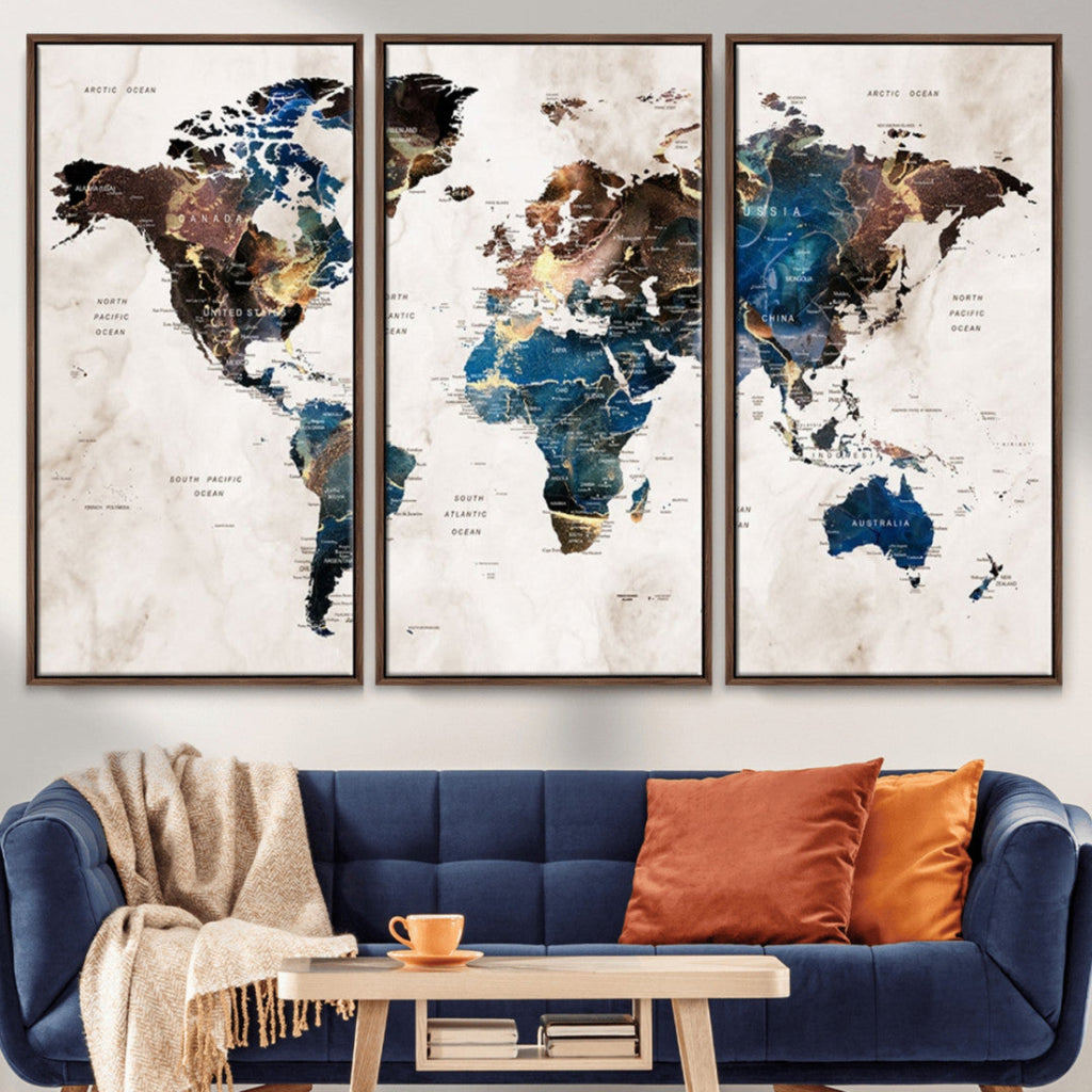 Abstract Earth Tone Blue World Map Canvas Print | Framed Travel Map Wall Art