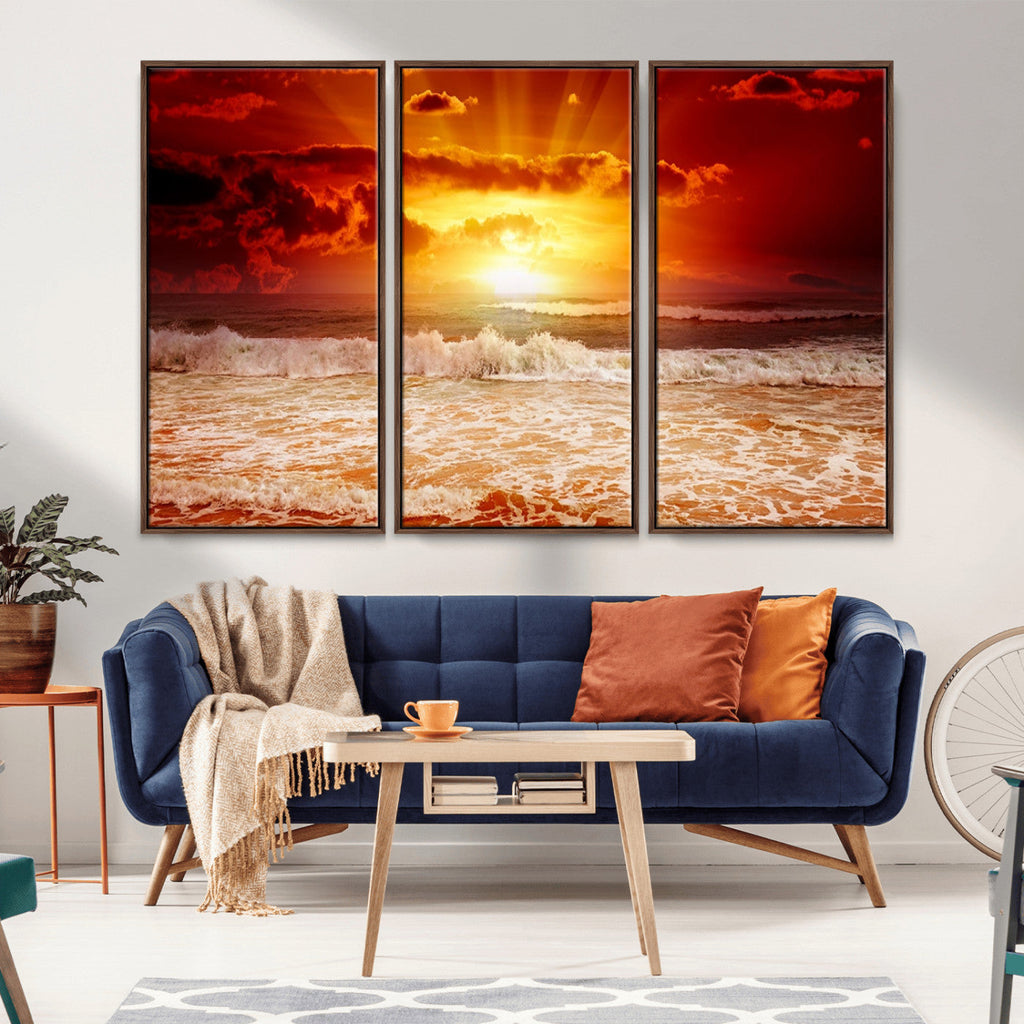 Red Sunset Ocean Beach Canvas Wall Art, Coastal Sunset Print
