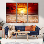 Red Sunset Ocean Beach Canvas Wall Art, Coastal Sunset Print