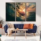 Ocean Wave Sunset Canvas Wall Art | Triptych Seascape Print