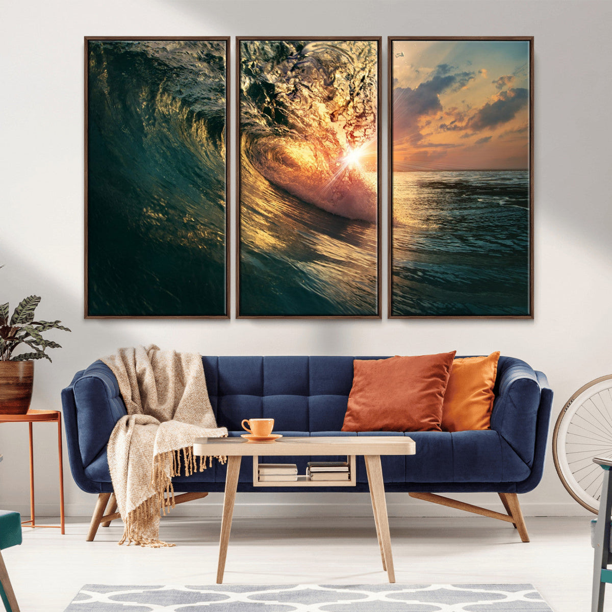 Ocean Wave Sunset Canvas Wall Art | Triptych Seascape Print