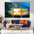 Ocean Wave at Sunset Canvas Art, Large Wall Print of Vibrant Surfing Wave