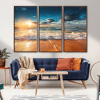 Golden Sunset Beach Triptych Canvas Art, Giclee Coastal Wall Decor, Ocean Waves Print