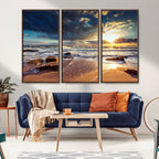 Golden Hour Beach Sunset Canvas Triptych, Ocean Waves and Rocks Wall Art