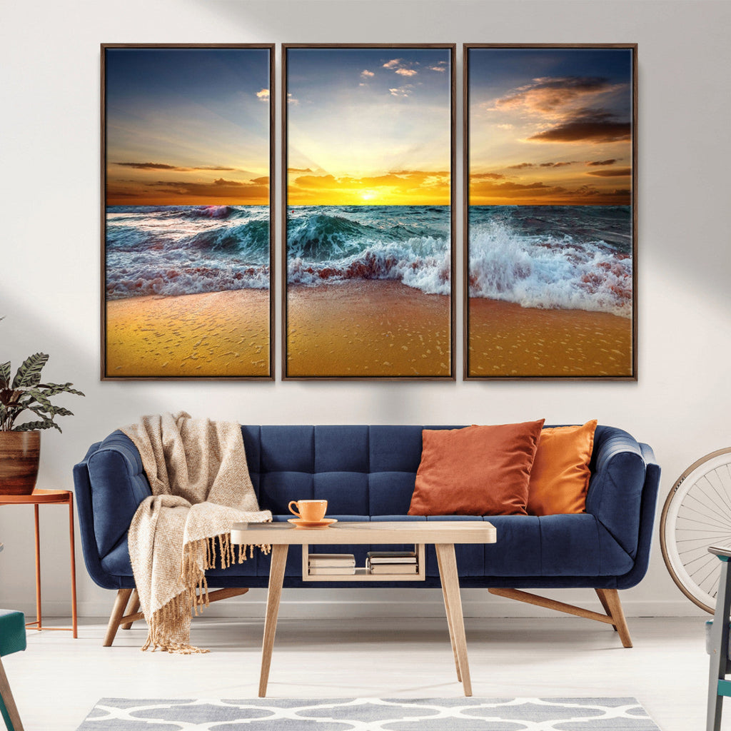 Golden Sunset Ocean Waves Wall Art Canvas Print | Multi Panel Beach Canvas Set, Coastal Triptych