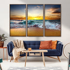 Golden Sunset Ocean Waves Wall Art Canvas Print | Multi Panel Beach Canvas Set, Coastal Triptych
