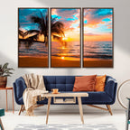 Palm Tree Sunset On The Beach Wall Art Canvas, Framed Palm Tree Sunset Canvas Print