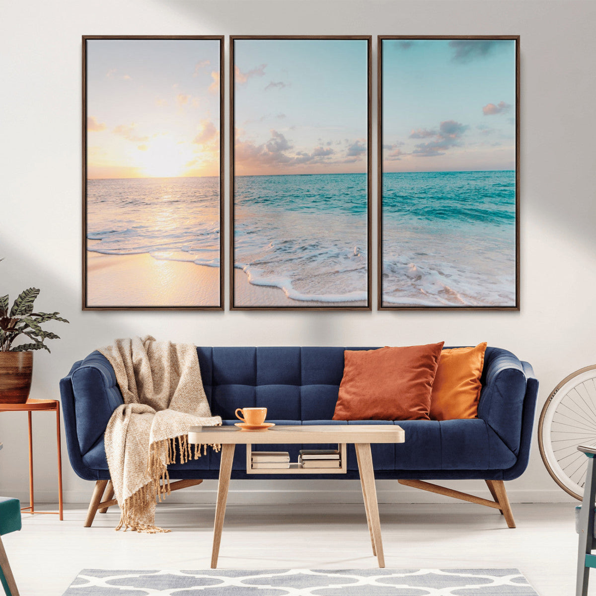 Tranquil Ocean Beach Sunset Canvas Wall Art | 3-Panel Coastal Decor