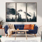 Forest Mountain Print | Black and White Canvas Wall Art with Misty Forest Design
