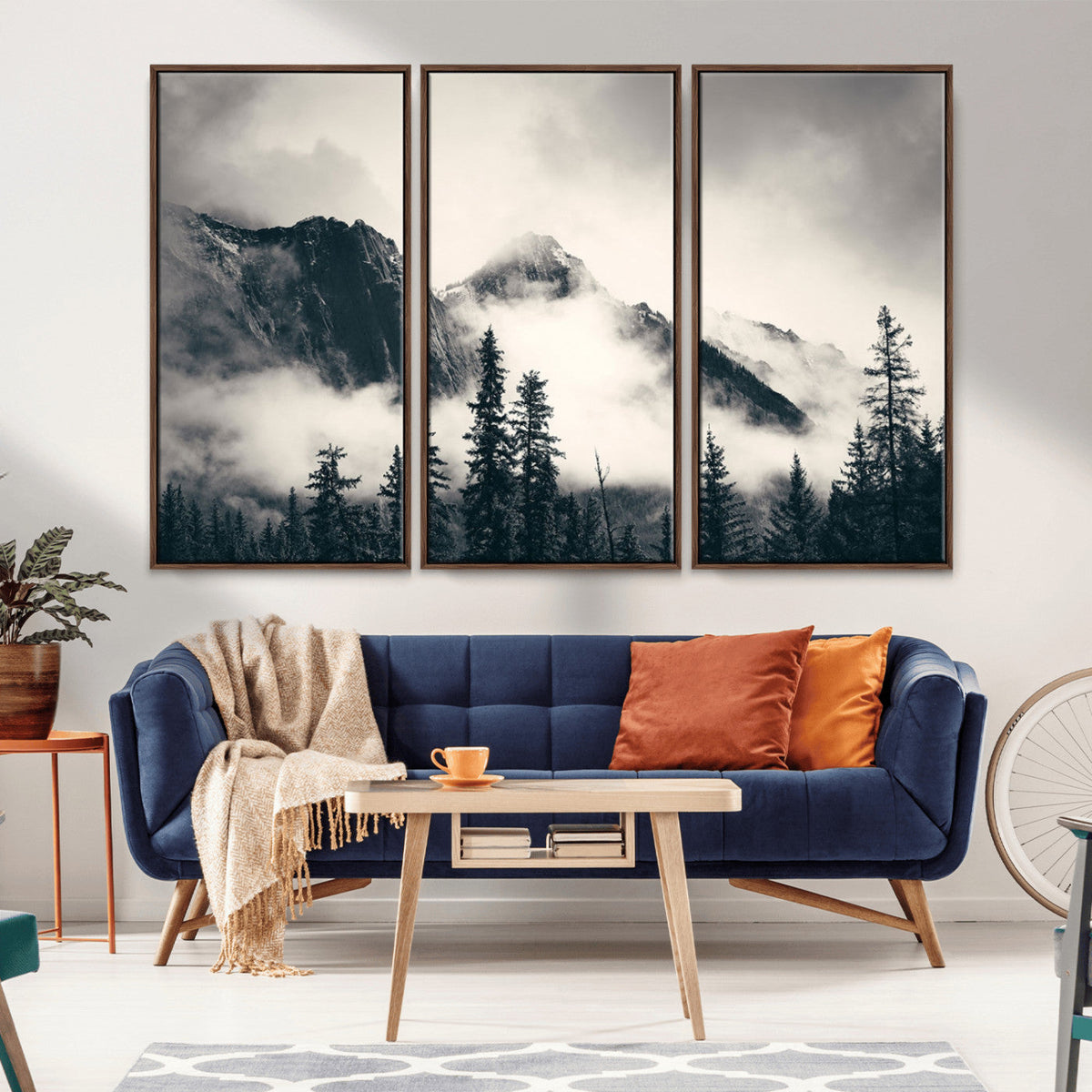 Forest Mountain Print | Black and White Canvas Wall Art with Misty Forest Design