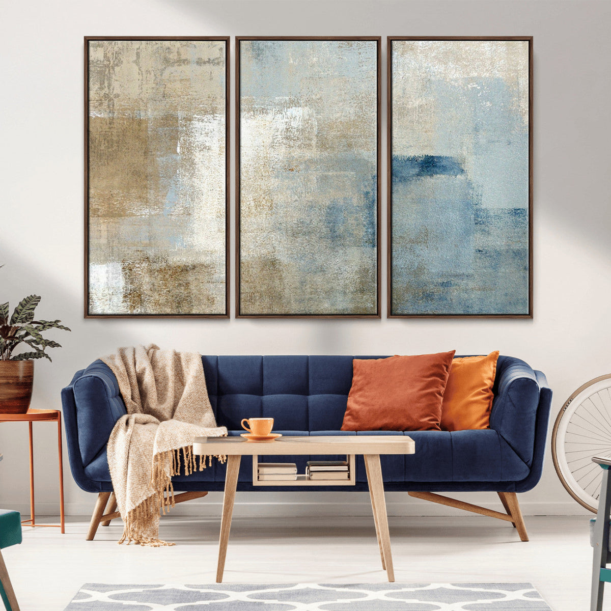 Abstract Blue and Beige Wall Art, Modern Minimalist Canvas Print Set