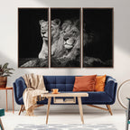 Lion Couple Wall Art Canvas Print, Elegant Black and White Wildlife Portrait
