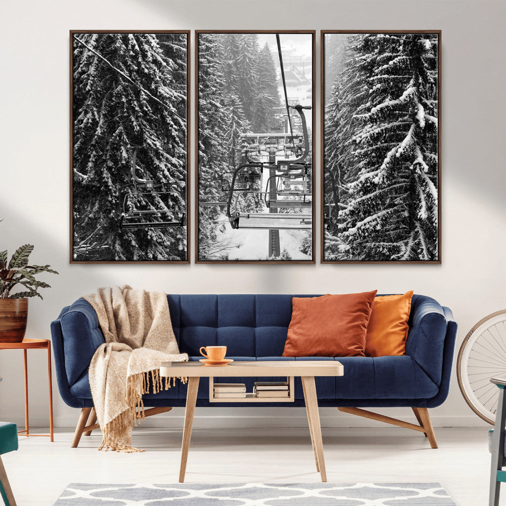Winter Ski Lift Black and White Canvas Wall Art | Alpine Escape in Minimalist Style
