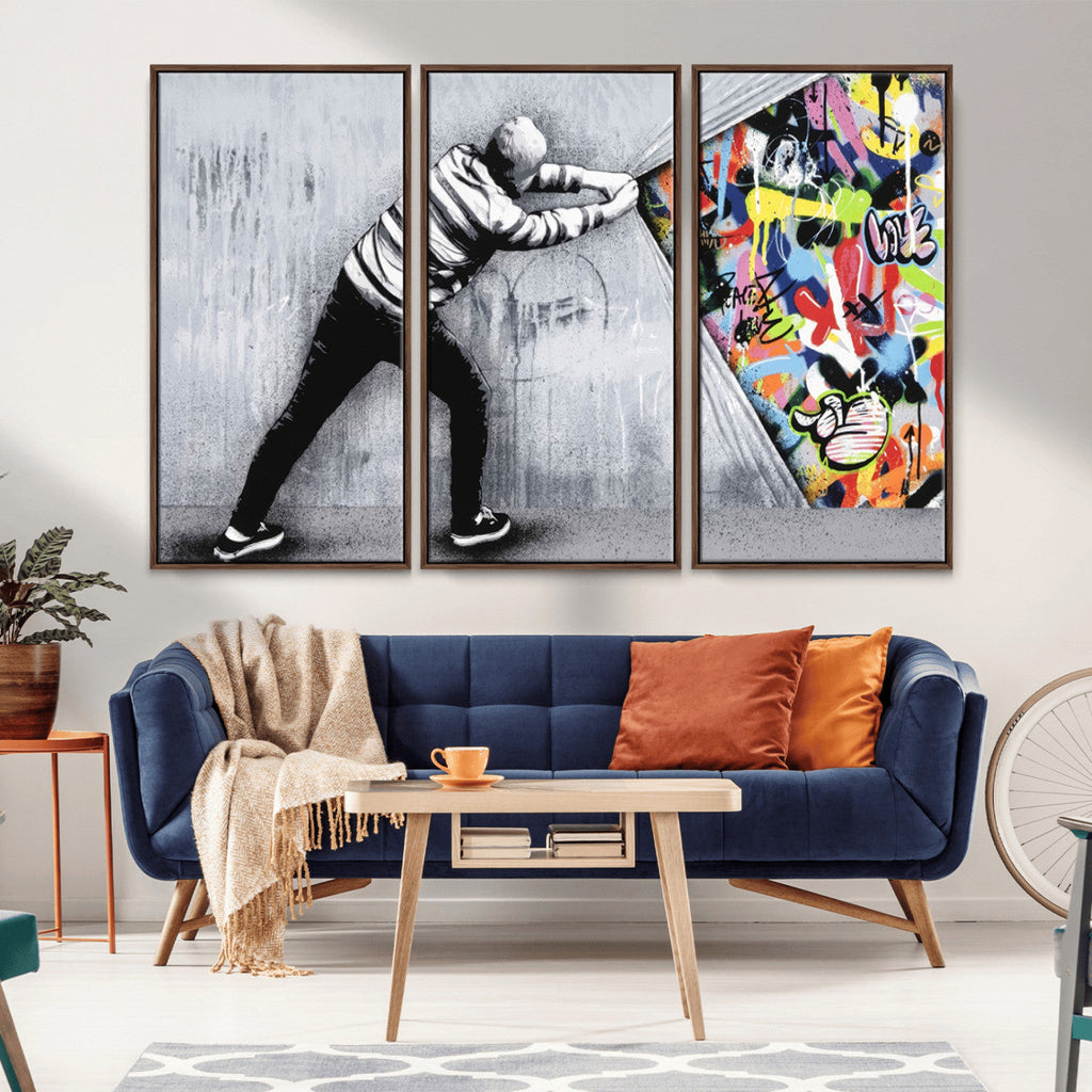 Banksy Art Behind the Curtain Street Wall Art Canvas Print | Urban Graffiti Style Wall Decor