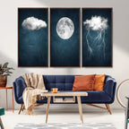 3 Piece Indigo Cloud Wall Art, Thunderstorm Moon Cloud Artwork