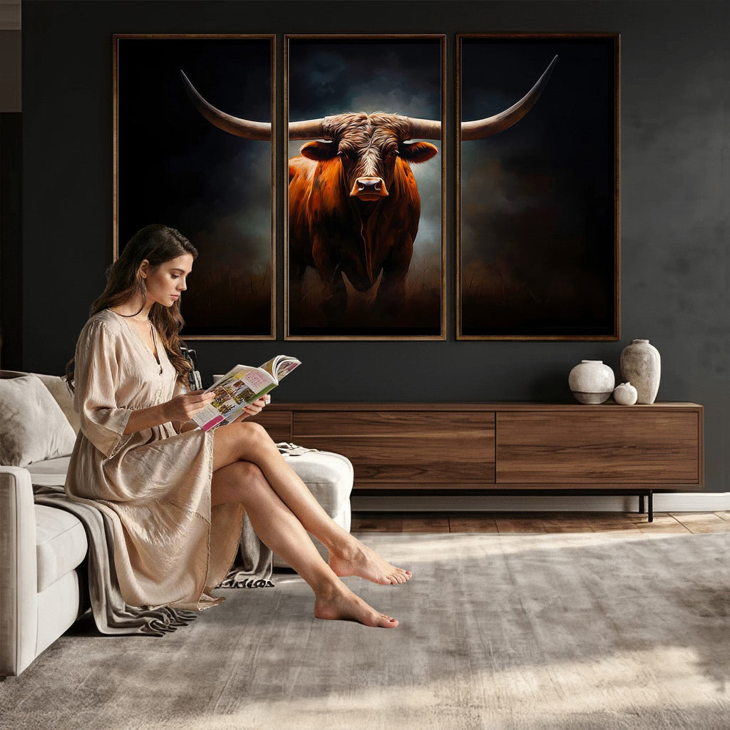 Abstract Texas Longhorn Wall Art Print | 3-Panel Large Texas Longhorn Canvas