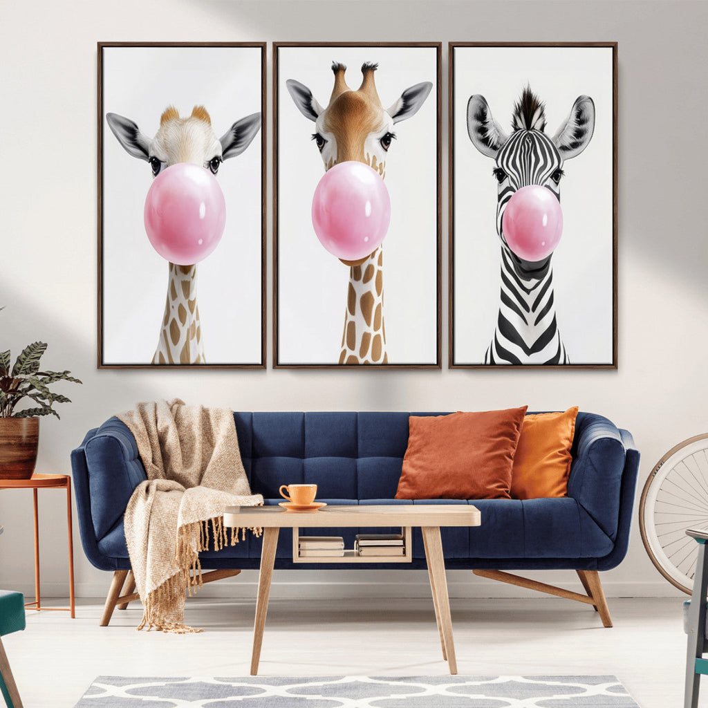 Bubblegum Animals Canvas Wall Art, Playful Giraffe and Zebra Trio, Whimsical Nursery and Kids Room Decor