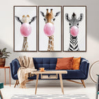 Bubblegum Animals Canvas Wall Art, Playful Giraffe and Zebra Trio, Whimsical Nursery and Kids Room Decor