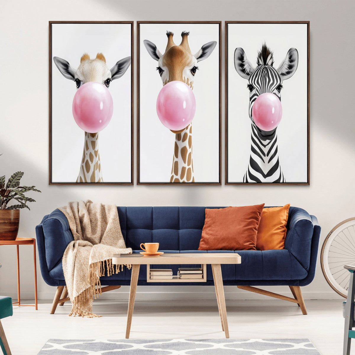 Bubblegum Animals Canvas Wall Art, Playful Giraffe and Zebra Trio, Whimsical Nursery and Kids Room Decor