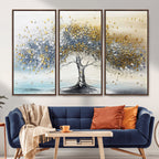 Golden and Silver Tree Wall Art | Framed Elegant Leaves Canvas