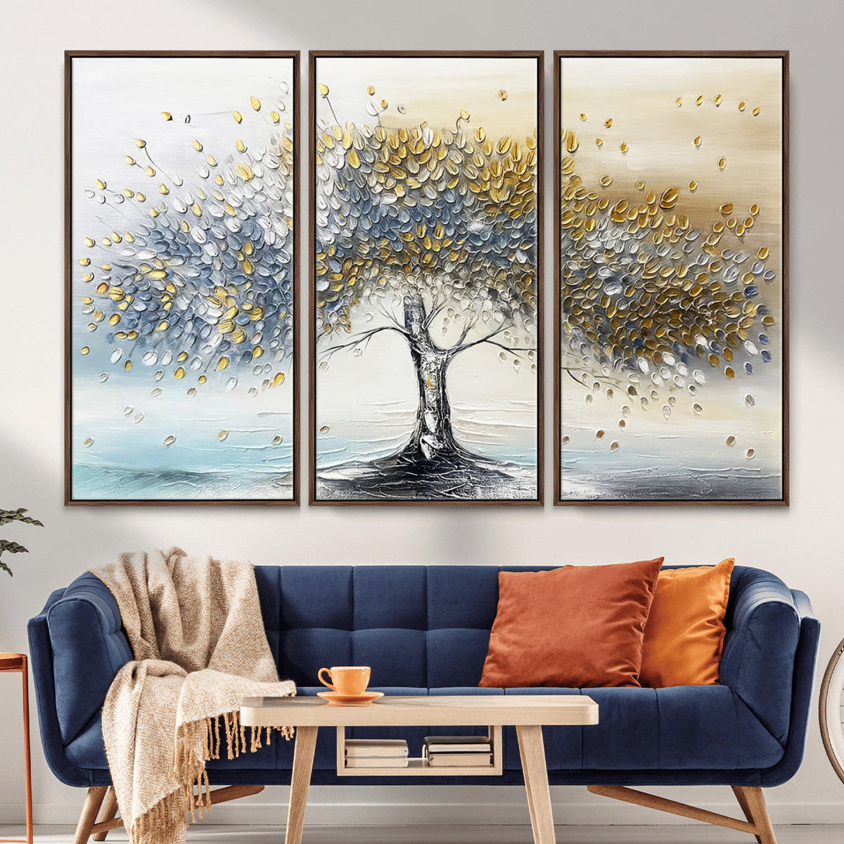 Golden and Silver Tree Wall Art | Framed Elegant Leaves Canvas