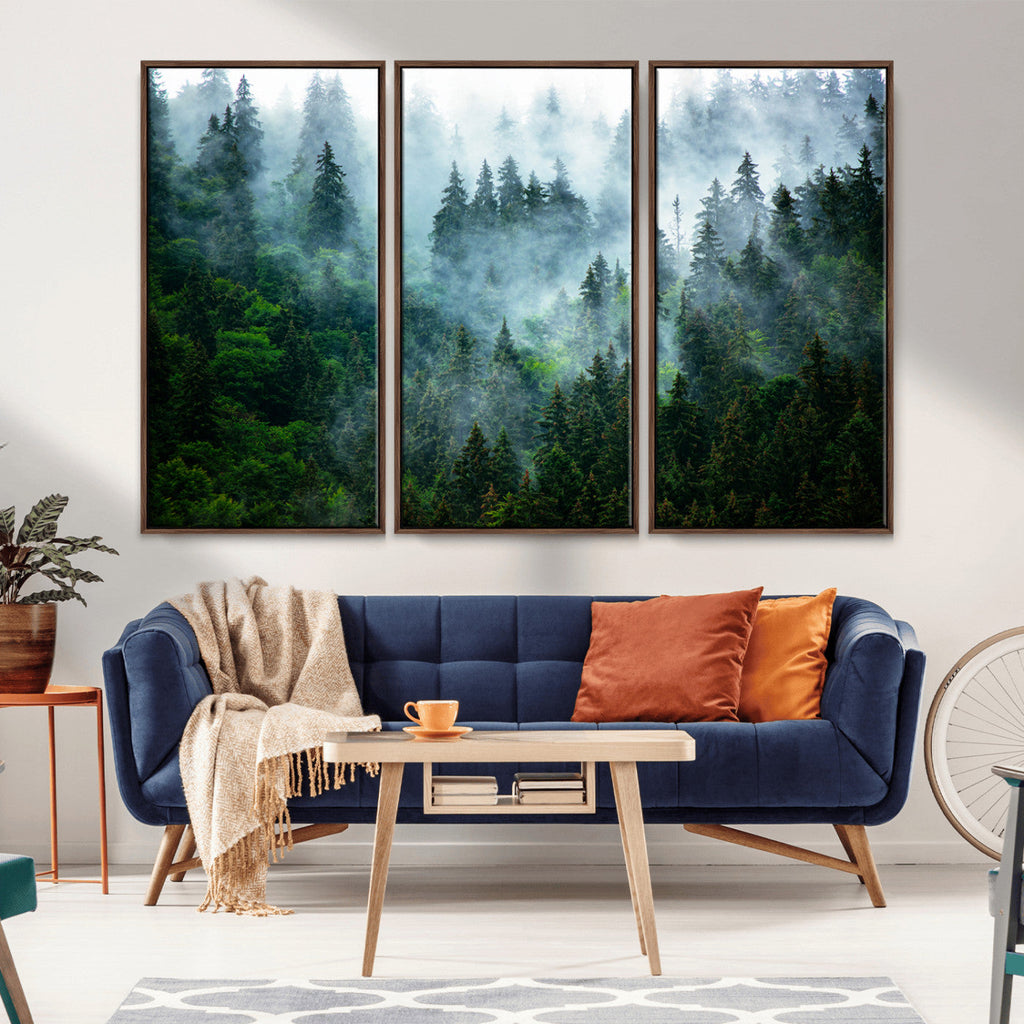 Misty Forest Wall Art Canvas Print, Framed Foggy Mountain Art, Large Scenic Woodland Canvas
