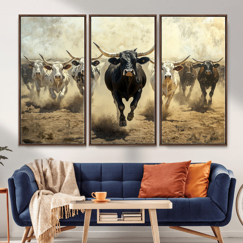Texas Longhorn Wall Art | Framed Charging Cattle Canvas