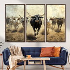 Texas Longhorn Wall Art | Framed Charging Cattle Canvas