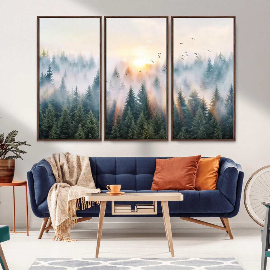 Misty Pine Forest Wall Art Canvas, Sunrise Over Foggy Trees