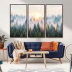 Misty Pine Forest Wall Art Canvas, Sunrise Over Foggy Trees