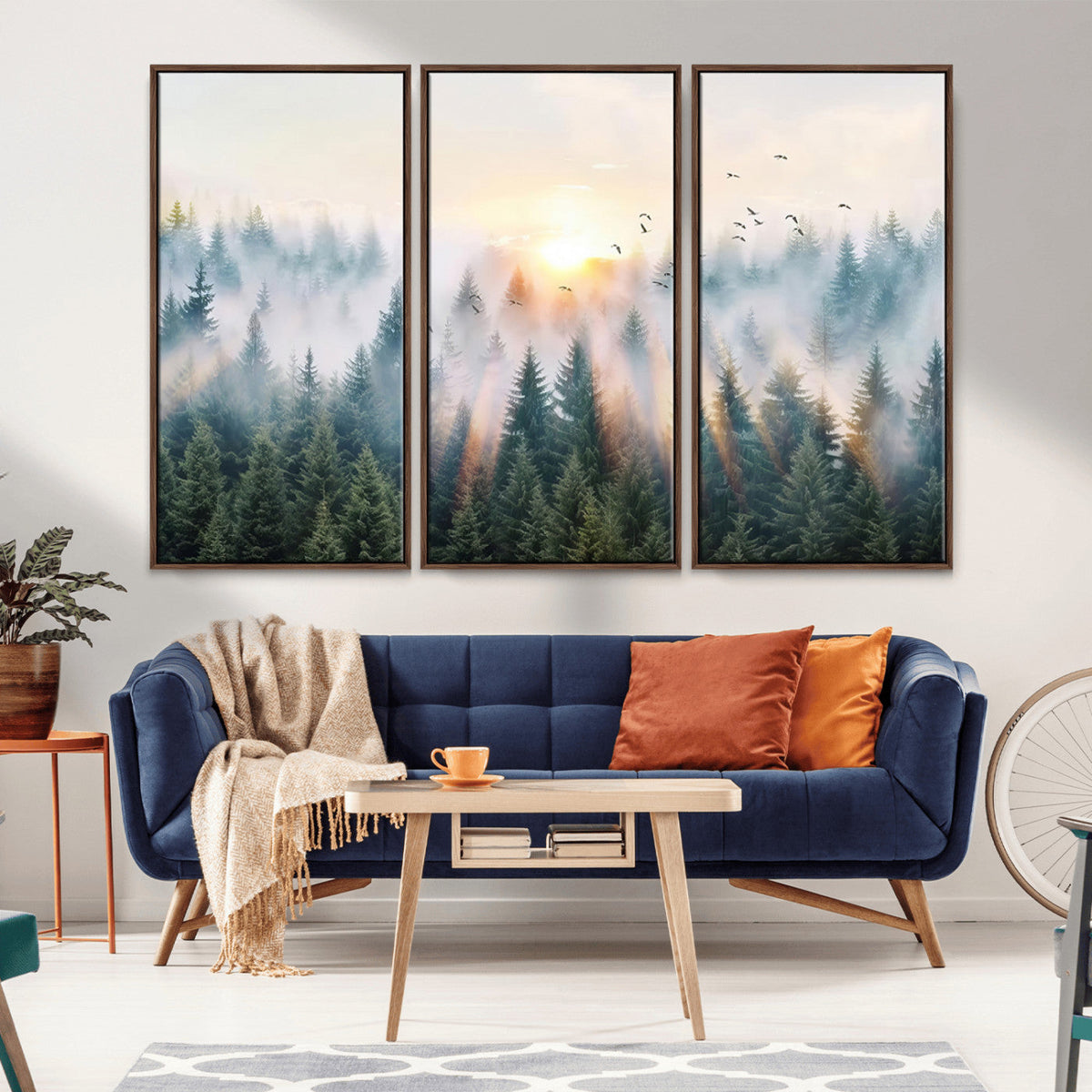 Misty Pine Forest Wall Art Canvas, Sunrise Over Foggy Trees