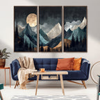 Moonlit Mountain Wall Art Canvas Print, Framed Silhouetted Pines Art, Layered Peaks Rustic Decor