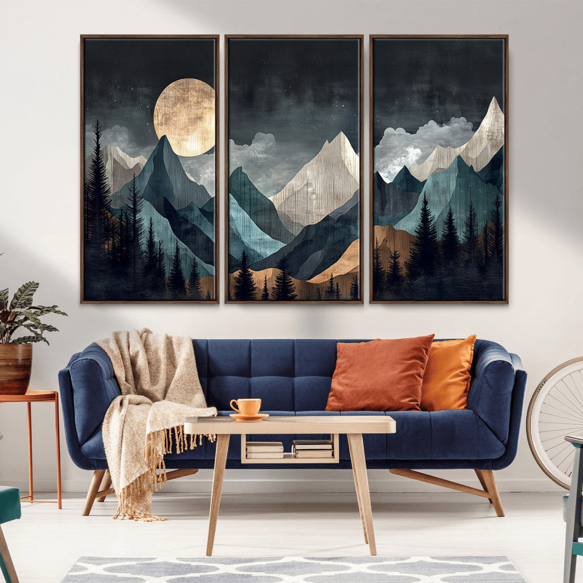 Moonlit Mountain Wall Art Canvas Print, Framed Silhouetted Pines Art, Layered Peaks Rustic Decor