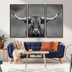 Texas Longhorn Wall Art Canvas Print, Framed Western Bull Photography, Rustic Log Cabin Decor